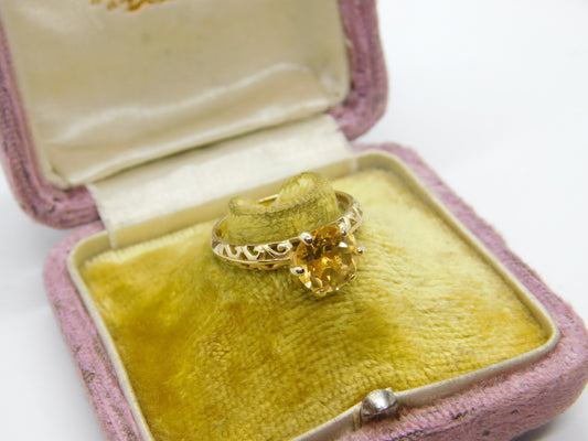 9ct Yellow Gold Cushion Cut Citrine Solitaire Ring Vintage c1970 Birmingham