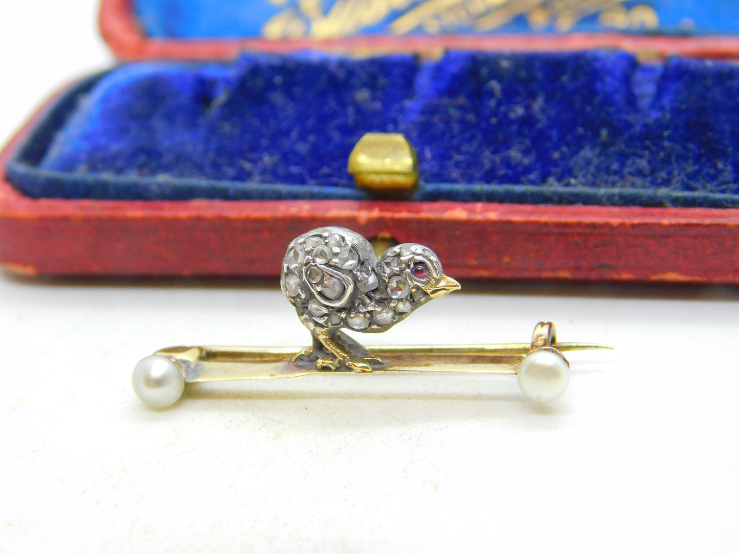 Victorian 18ct Gold, Pearl & Old-Mine Cut Diamond Baby Chick Brooch c1860 Antique