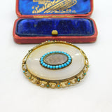 Georgian 9ct Gold, Chalcedony & Turquoise Mourning Brooch c1830 Antique