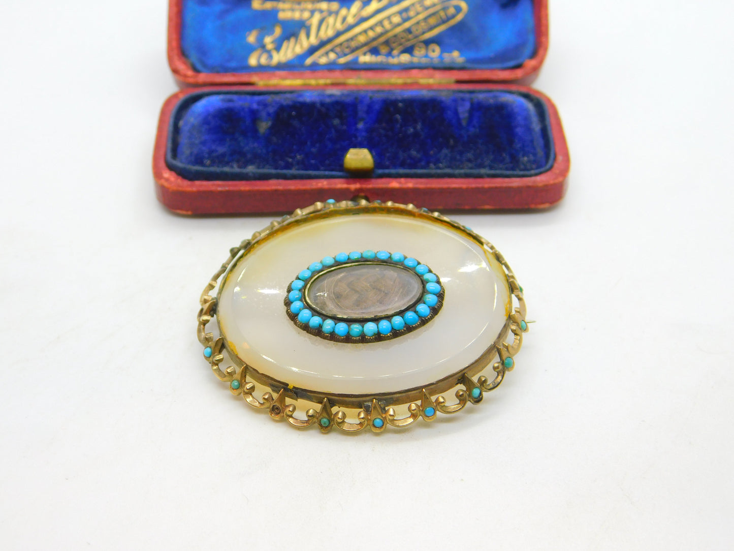 Georgian 9ct Gold, Chalcedony & Turquoise Mourning Brooch c1830 Antique