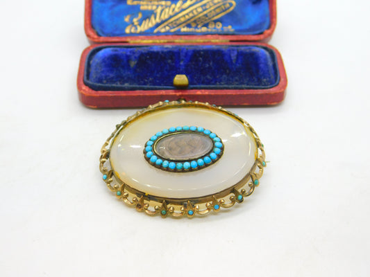 Georgian 9ct Gold, Chalcedony & Turquoise Mourning Brooch c1830 Antique