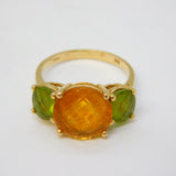 14ct Yellow Gold, Peridot & Citrine Three-Stone Dress Ring Vintage c1980s