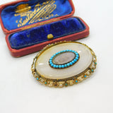 Georgian 9ct Gold, Chalcedony & Turquoise Mourning Brooch c1830 Antique