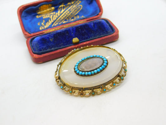 Georgian 9ct Gold, Chalcedony & Turquoise Mourning Brooch c1830 Antique