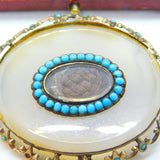 Georgian 9ct Gold, Chalcedony & Turquoise Mourning Brooch c1830 Antique
