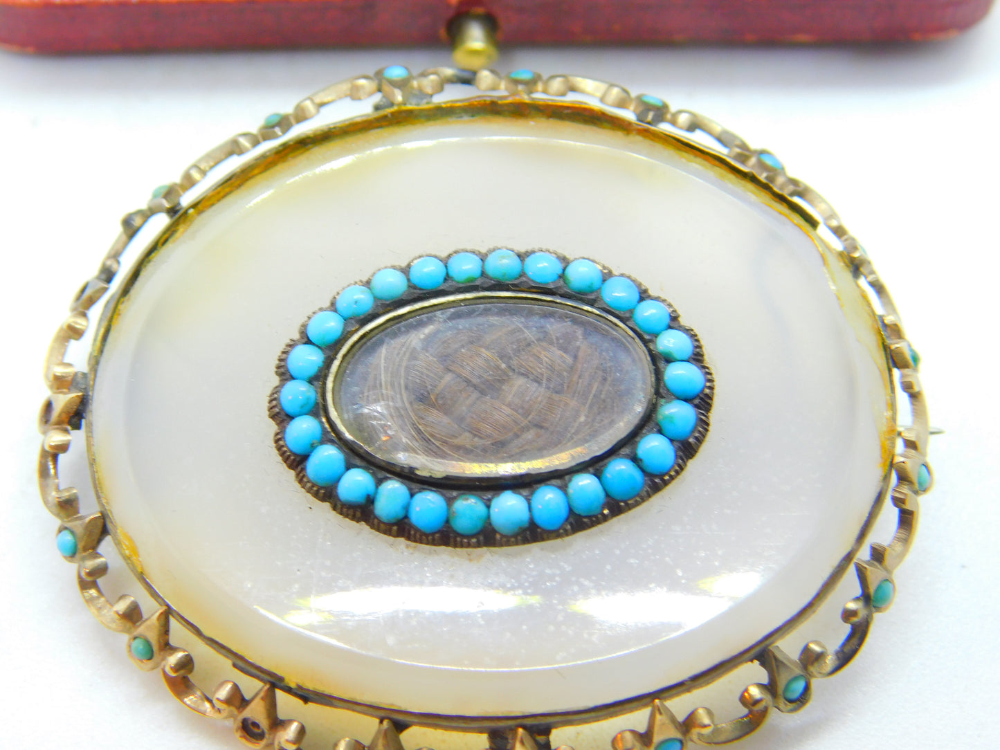 Georgian 9ct Gold, Chalcedony & Turquoise Mourning Brooch c1830 Antique