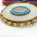 Georgian 9ct Gold, Chalcedony & Turquoise Mourning Brooch c1830 Antique