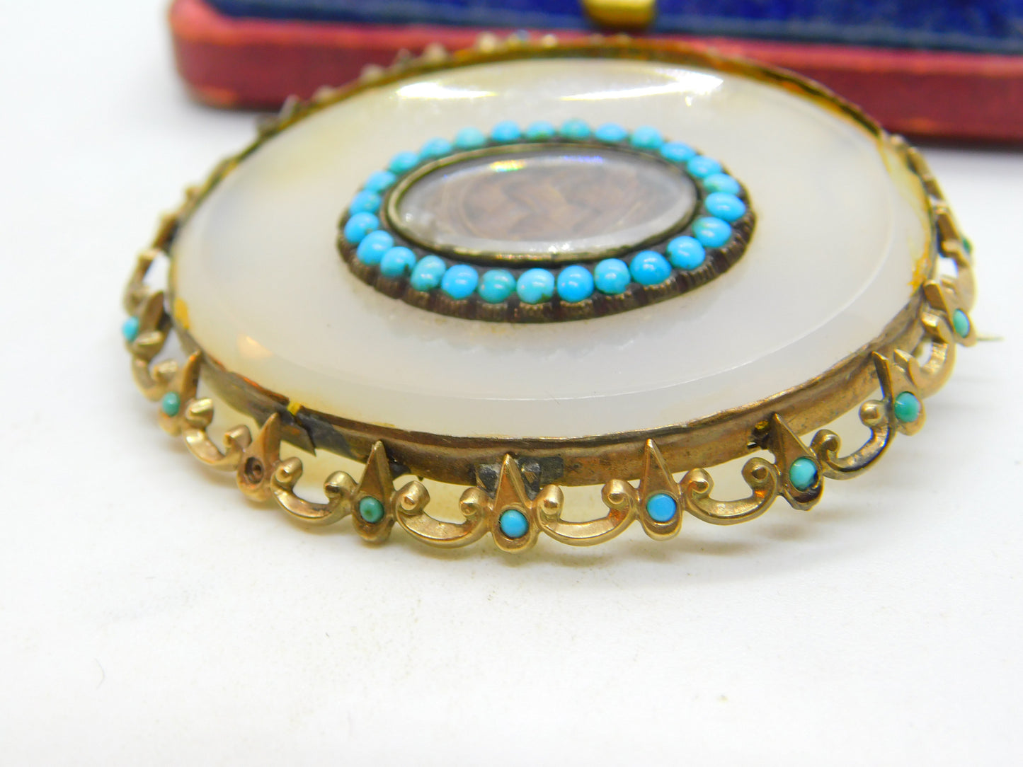 Georgian 9ct Gold, Chalcedony & Turquoise Mourning Brooch c1830 Antique