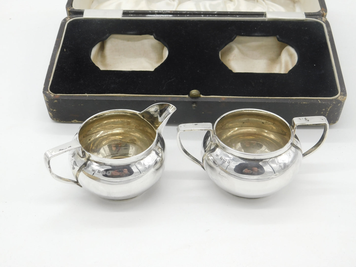 Boxed Sterling Silver Cream Jug & Sugar Bowl 1934 Birmingham Antique Art Deco