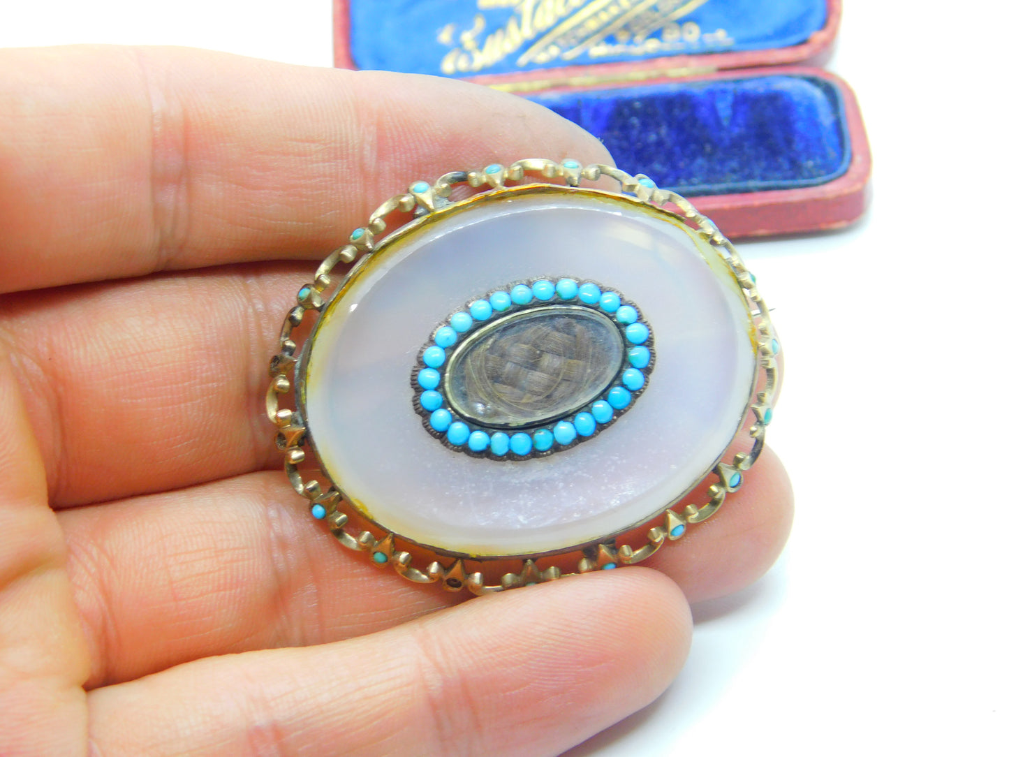 Georgian 9ct Gold, Chalcedony & Turquoise Mourning Brooch c1830 Antique