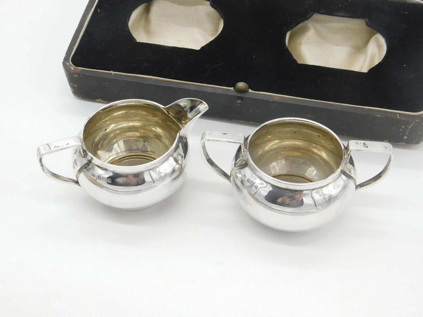 Boxed Sterling Silver Cream Jug & Sugar Bowl 1934 Birmingham Antique Art Deco