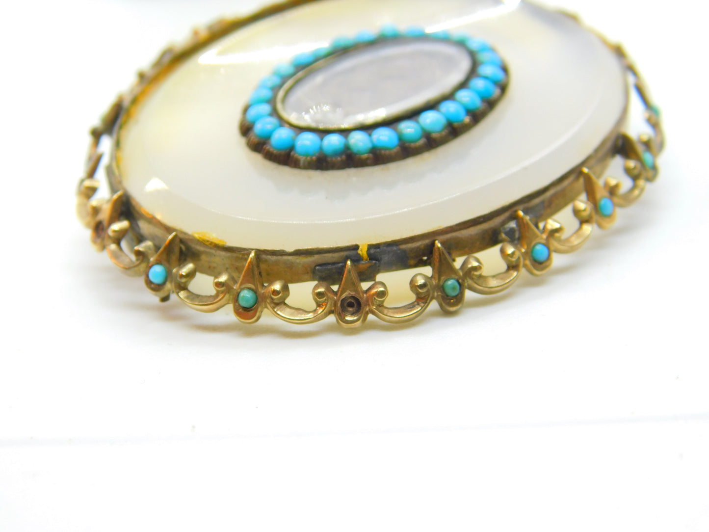 Georgian 9ct Gold, Chalcedony & Turquoise Mourning Brooch c1830 Antique