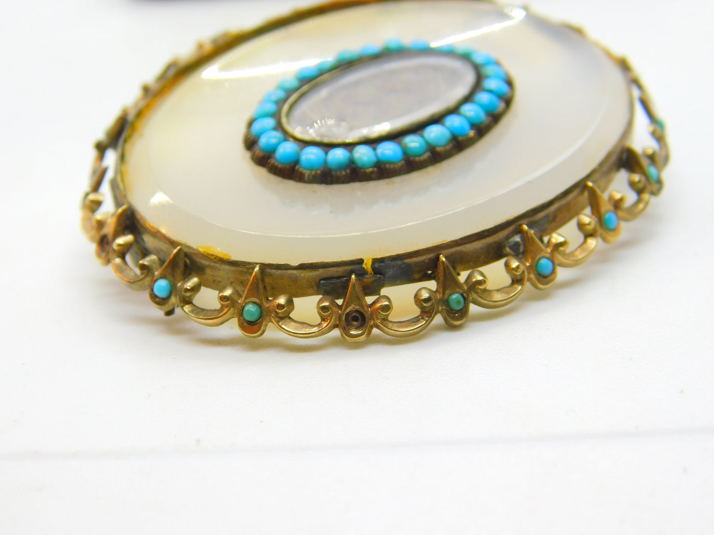 Georgian 9ct Gold, Chalcedony & Turquoise Mourning Brooch c1830 Antique