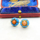 Victorian 18ct Gold, Blue Enamel, Coral & Pave Set Mine-Cut Diamond Earrings