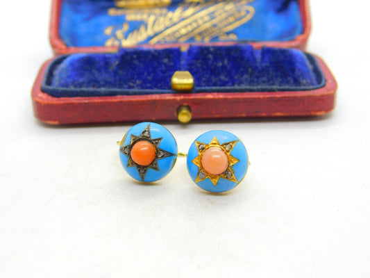 Victorian 18ct Gold, Blue Enamel, Coral & Pave Set Mine-Cut Diamond Earrings