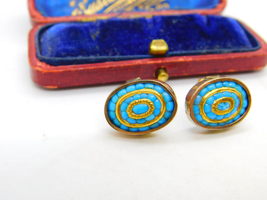 Victorian 9ct Rose Gold, 24ct Gold & Turquoise Stud Earrings c1880 Antique