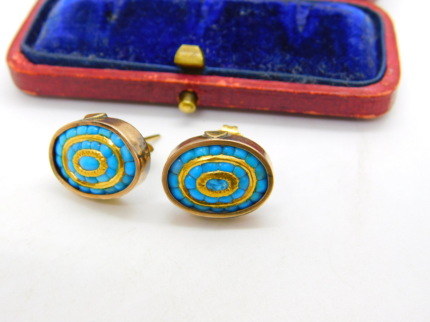 Victorian 9ct Rose Gold, 24ct Gold & Turquoise Stud Earrings c1880 Antique