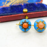 Victorian 18ct Gold, Blue Enamel, Coral & Pave Set Mine-Cut Diamond Earrings