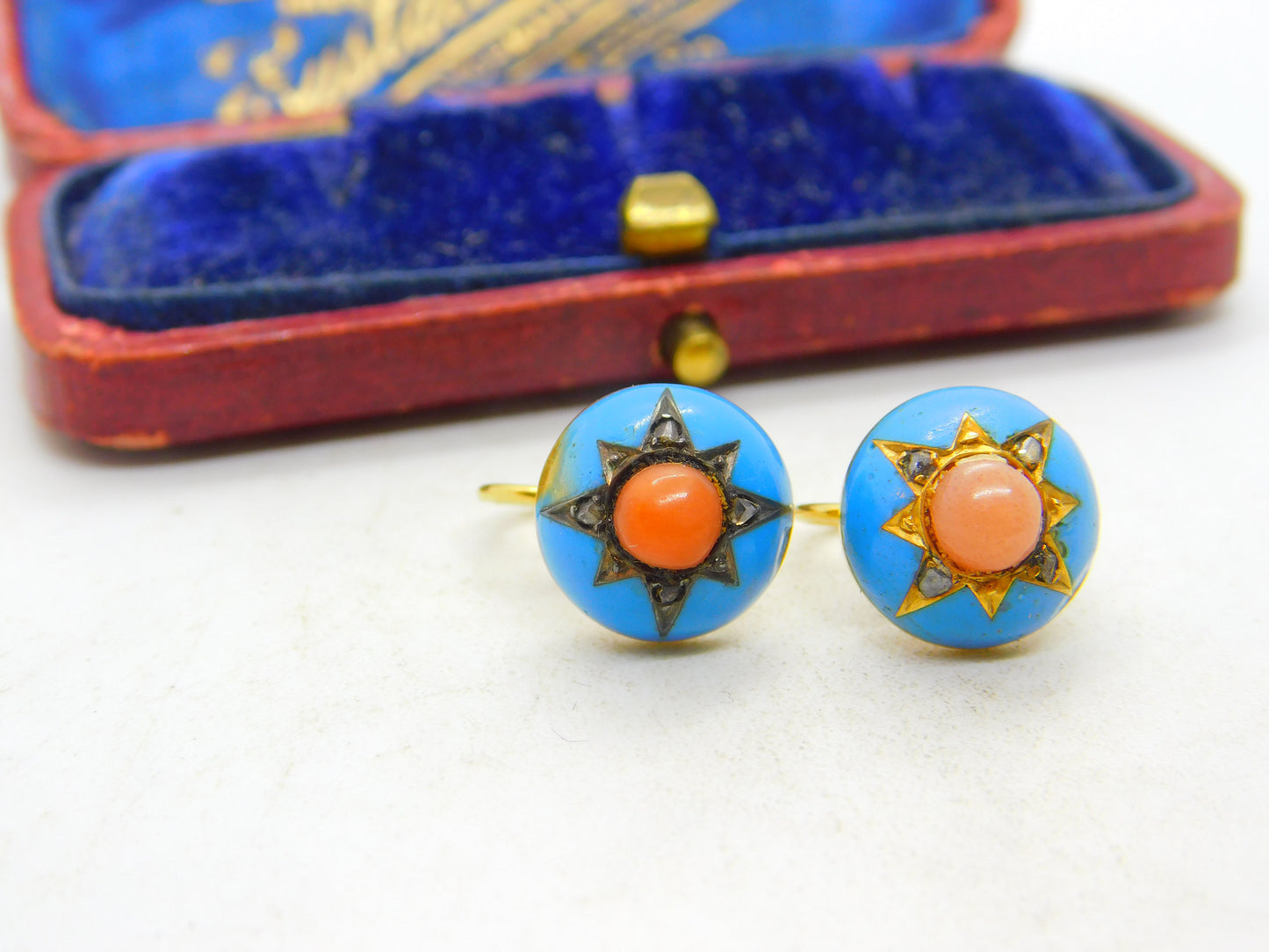 Victorian 18ct Gold, Blue Enamel, Coral & Pave Set Mine-Cut Diamond Earrings