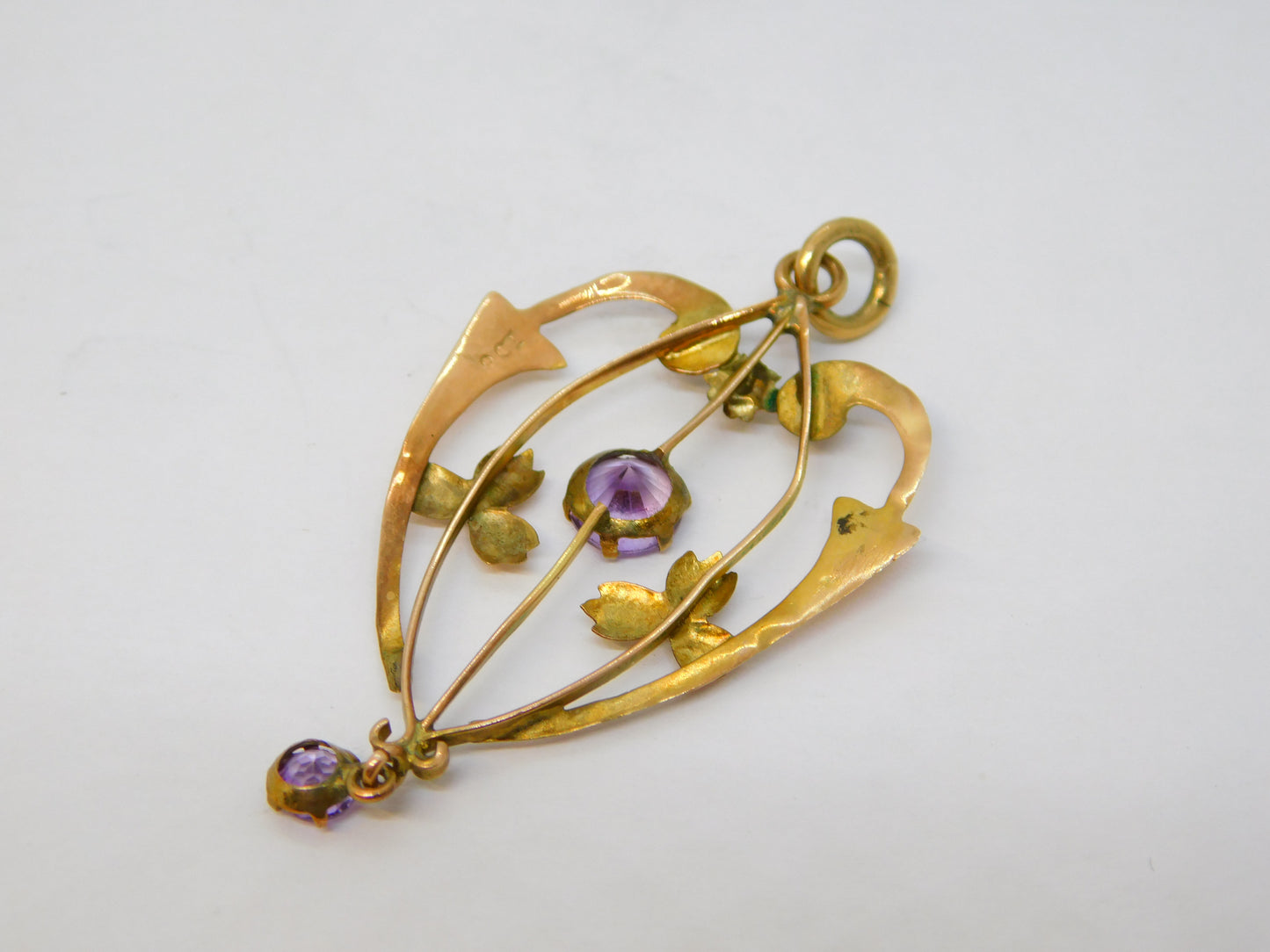 Edwardian 9ct Rose Gold & Amethyst Lavalier Drop Pendant Antique c1910