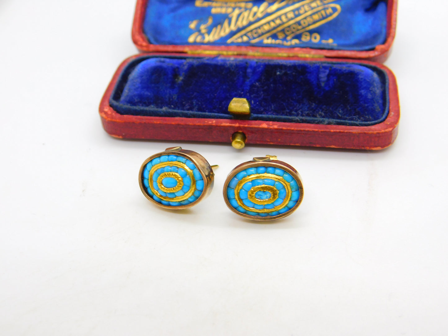 Victorian 9ct Rose Gold, 24ct Gold & Turquoise Stud Earrings c1880 Antique