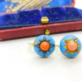 Victorian 18ct Gold, Blue Enamel, Coral & Pave Set Mine-Cut Diamond Earrings
