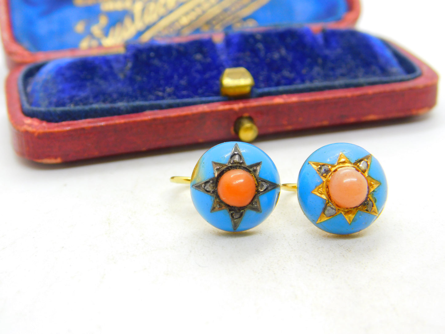 Victorian 18ct Gold, Blue Enamel, Coral & Pave Set Mine-Cut Diamond Earrings