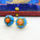 Victorian 18ct Gold, Blue Enamel, Coral & Pave Set Mine-Cut Diamond Earrings