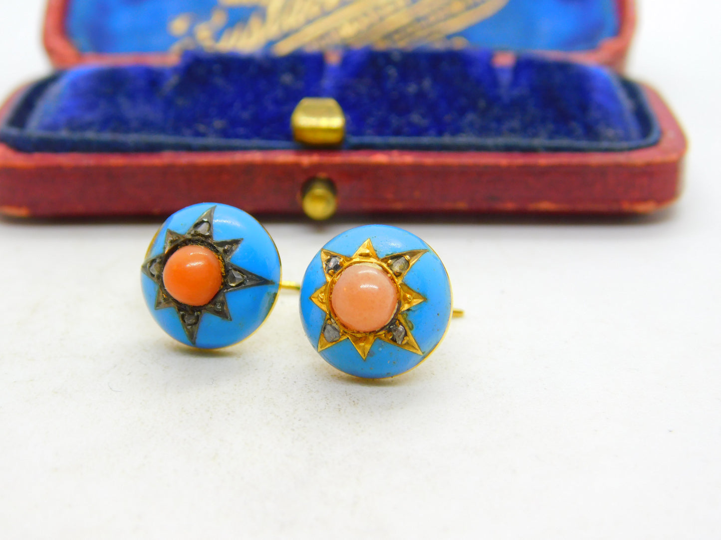 Victorian 18ct Gold, Blue Enamel, Coral & Pave Set Mine-Cut Diamond Earrings