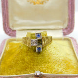 18ct Yellow Gold, Sapphire & Diamond Abstract Modernist Ring Vintage 1971 London