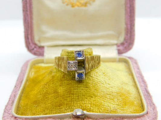 18ct Yellow Gold, Sapphire & Diamond Abstract Modernist Ring Vintage 1971 London