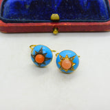 Victorian 18ct Gold, Blue Enamel, Coral & Pave Set Mine-Cut Diamond Earrings