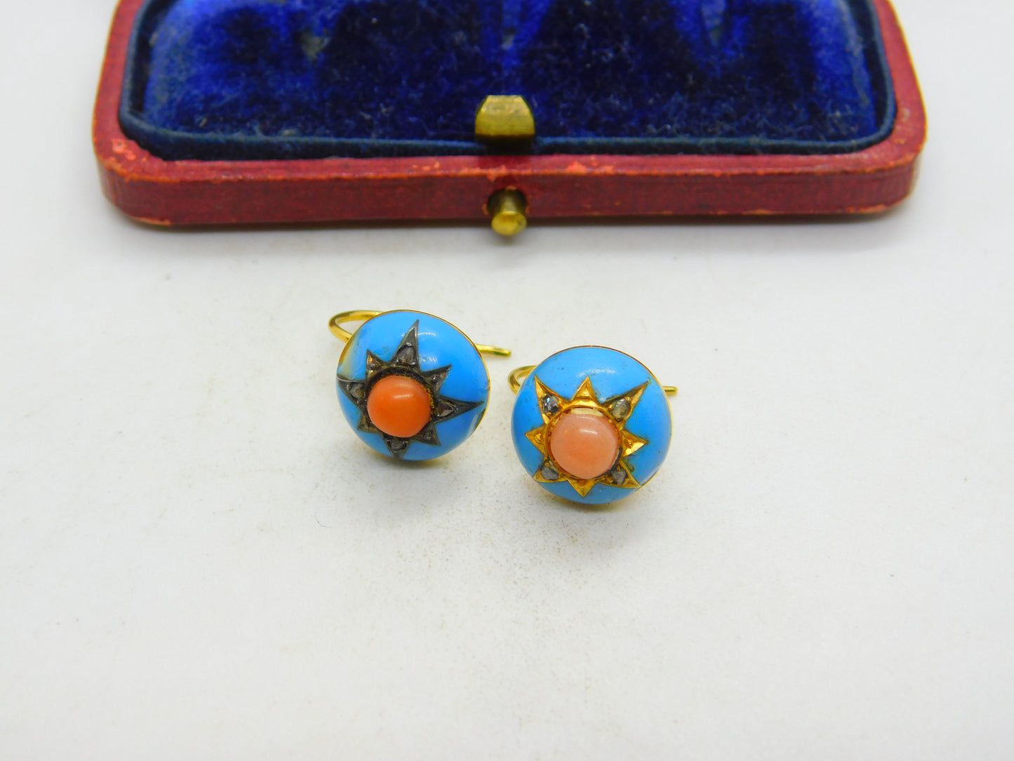 Victorian 18ct Gold, Blue Enamel, Coral & Pave Set Mine-Cut Diamond Earrings