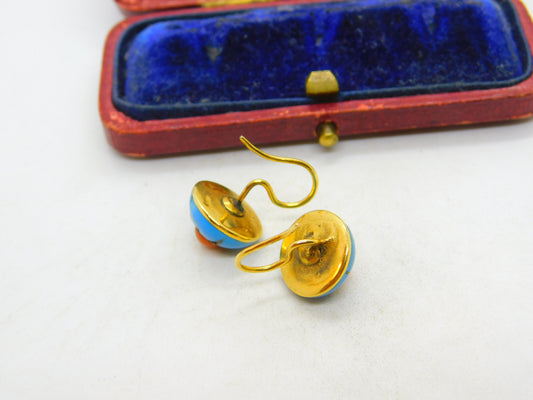 Victorian 18ct Gold, Blue Enamel, Coral & Pave Set Mine-Cut Diamond Earrings