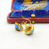 Victorian 18ct Gold, Blue Enamel, Coral & Pave Set Mine-Cut Diamond Earrings