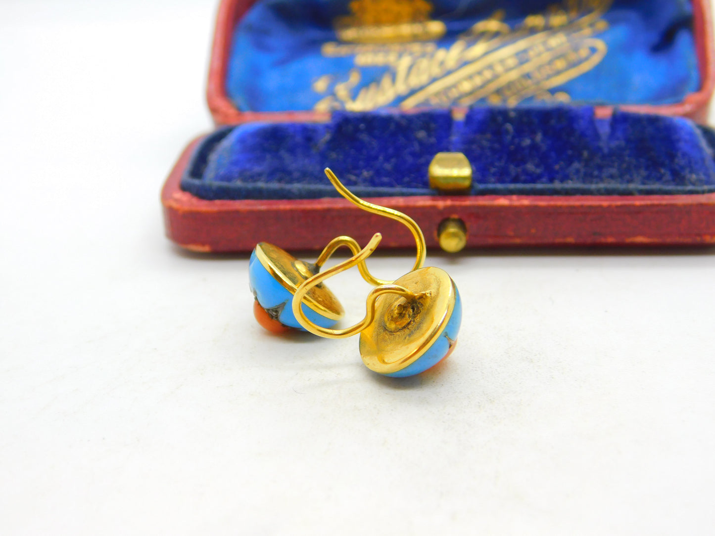 Victorian 18ct Gold, Blue Enamel, Coral & Pave Set Mine-Cut Diamond Earrings