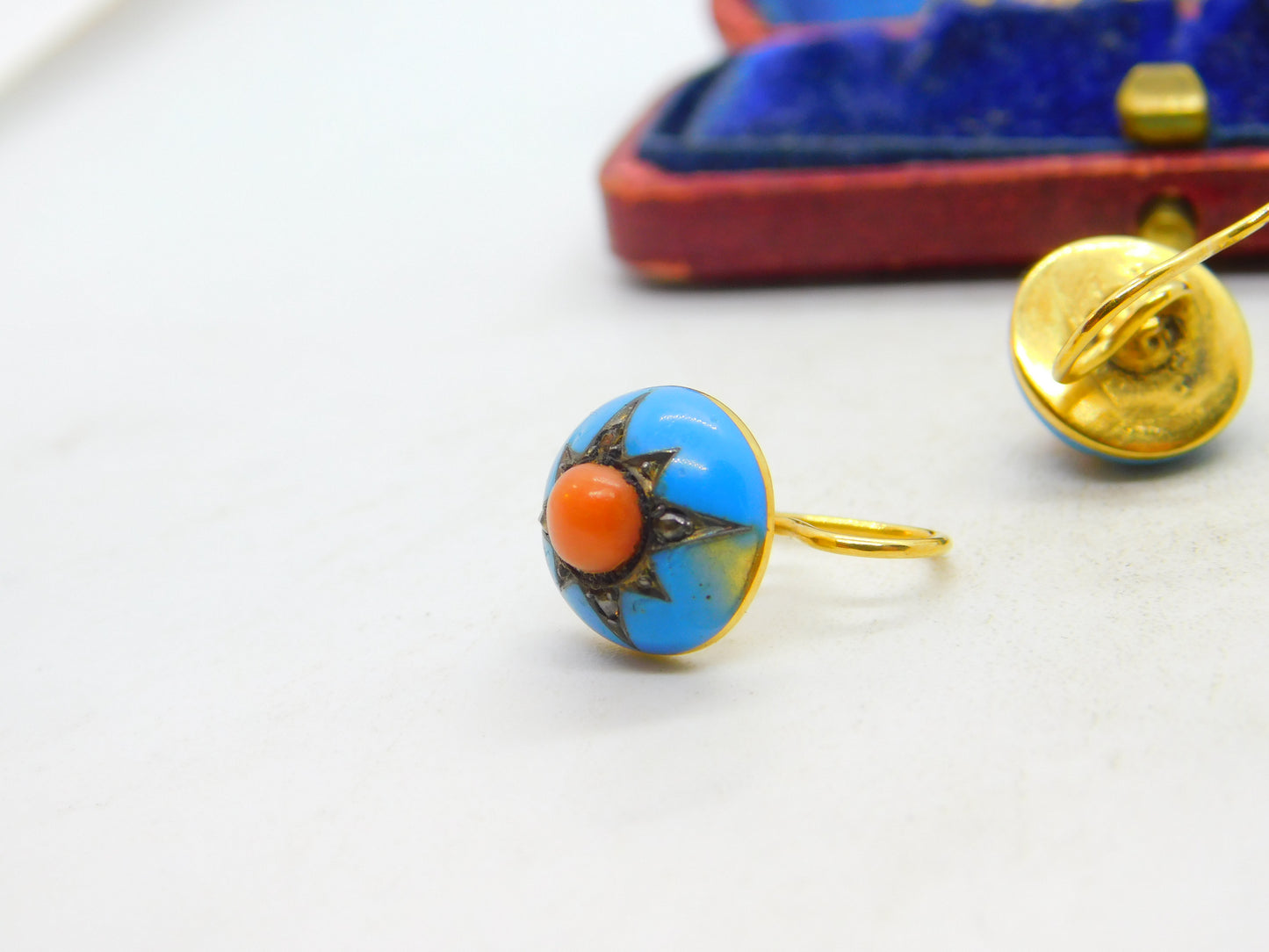 Victorian 18ct Gold, Blue Enamel, Coral & Pave Set Mine-Cut Diamond Earrings