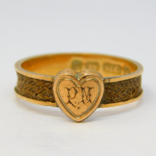 Victorian 9ct Rose Gold Hair Set Mourning Ring Antique 1876 Birmingham