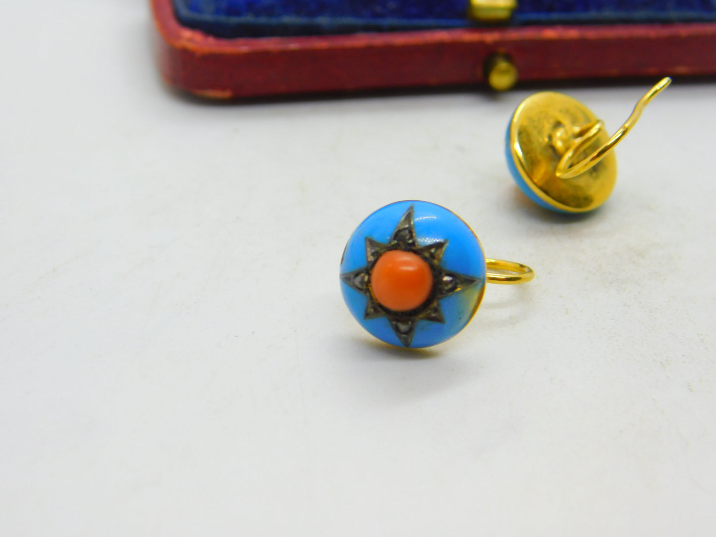 Victorian 18ct Gold, Blue Enamel, Coral & Pave Set Mine-Cut Diamond Earrings