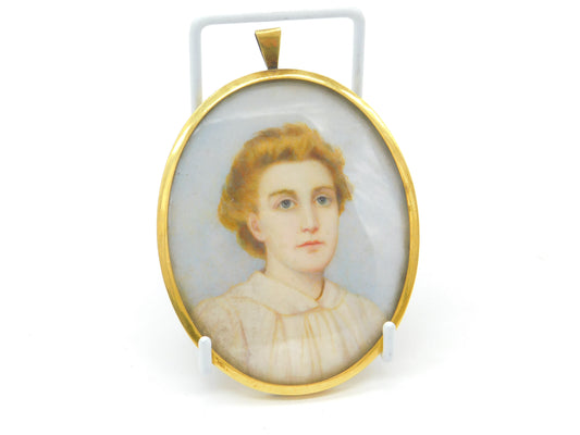 Miniature Portrait of Young Lady Oil on Board Gold Frame Antique Victorian