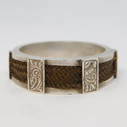 Victorian Sterling Silver & Woven Hair Set Mourning Ring Antique c1860