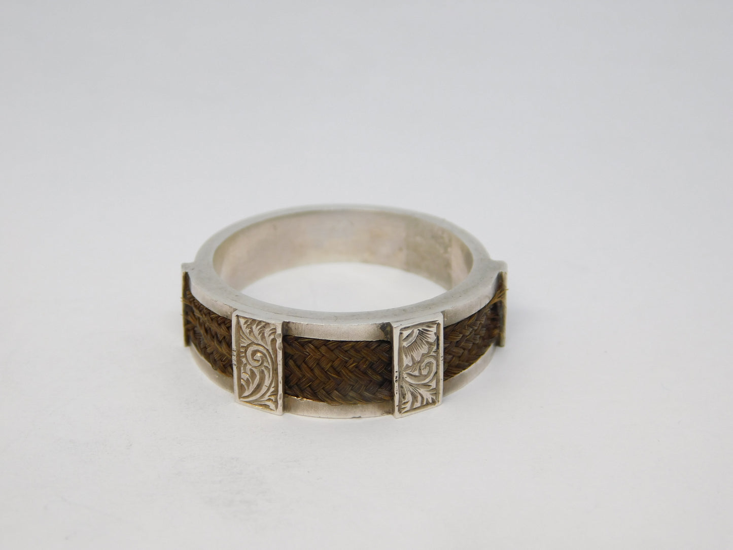 Victorian Sterling Silver & Woven Hair Set Mourning Ring Antique c1860