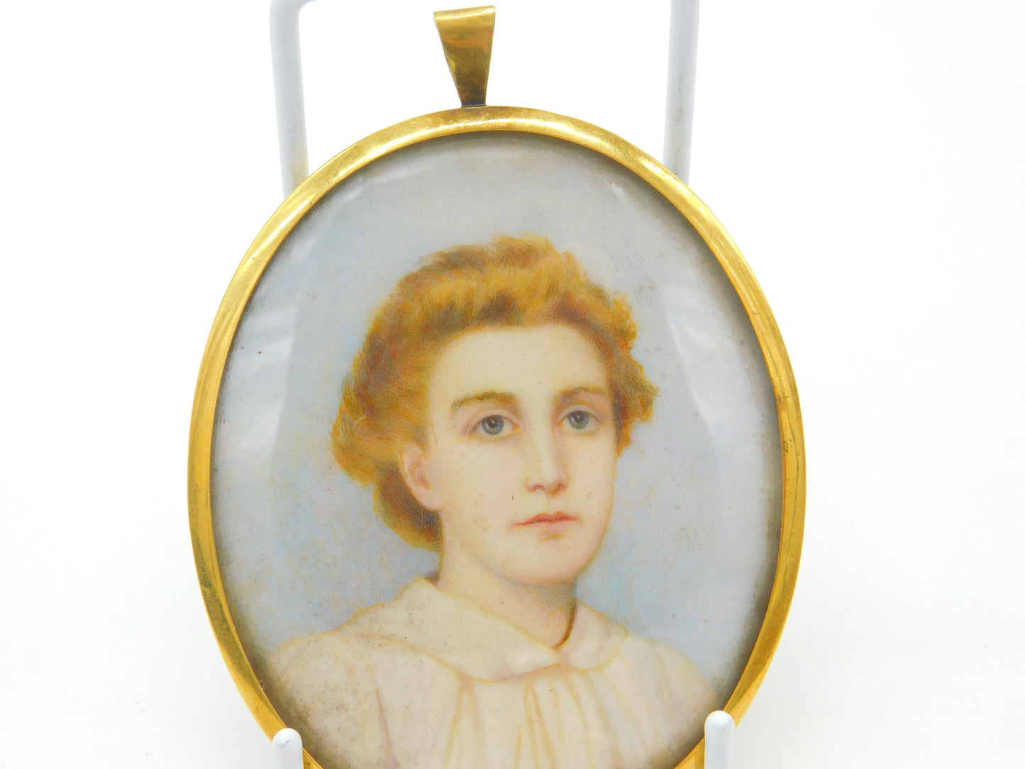 Miniature Portrait of Young Lady Oil on Board Gold Frame Antique Victorian