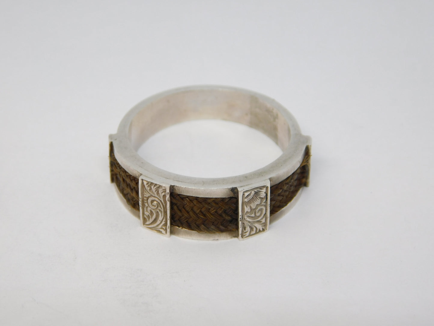 Victorian Sterling Silver & Woven Hair Set Mourning Ring Antique c1860
