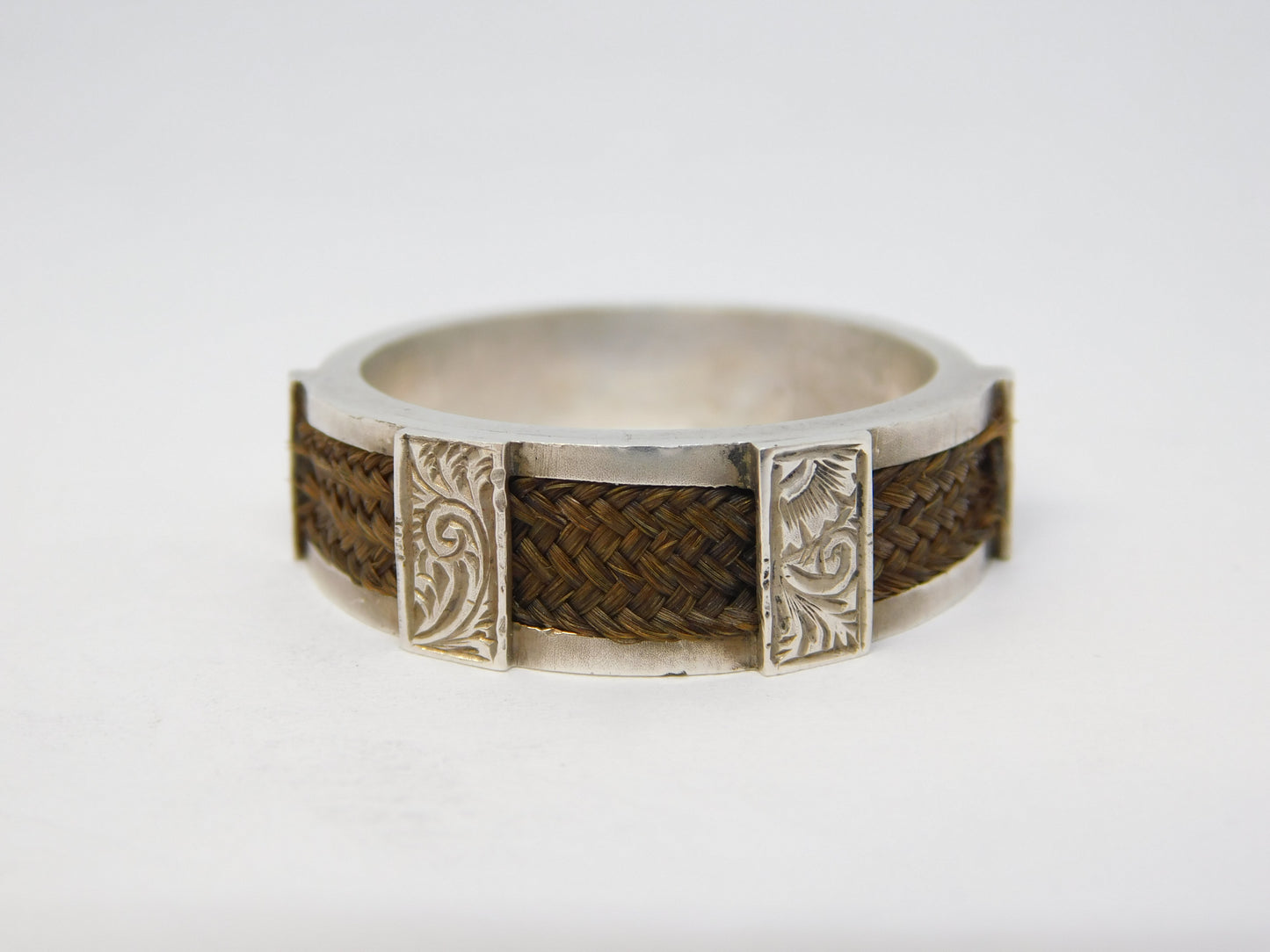 Victorian Sterling Silver & Woven Hair Set Mourning Ring Antique c1860