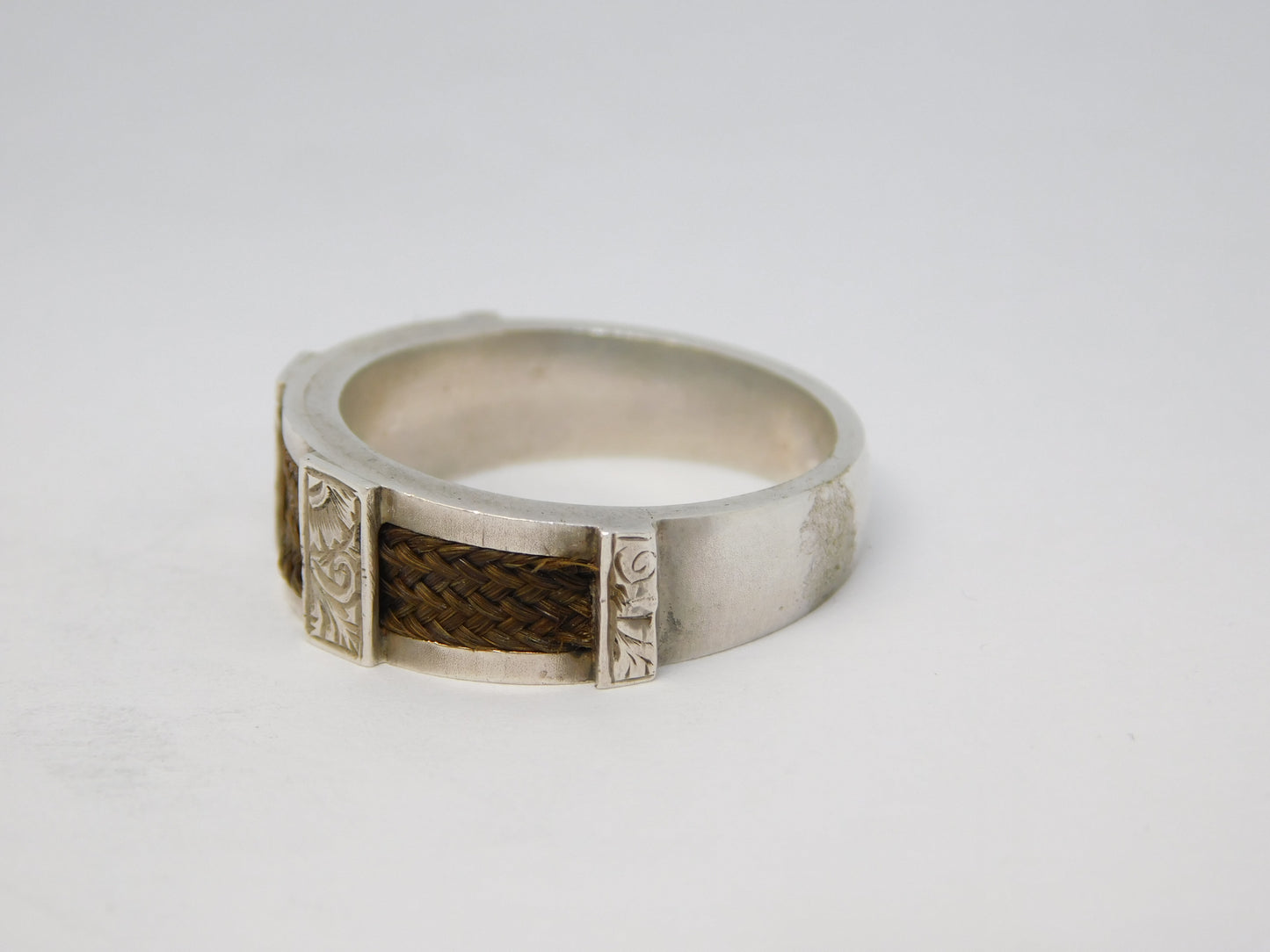 Victorian Sterling Silver & Woven Hair Set Mourning Ring Antique c1860