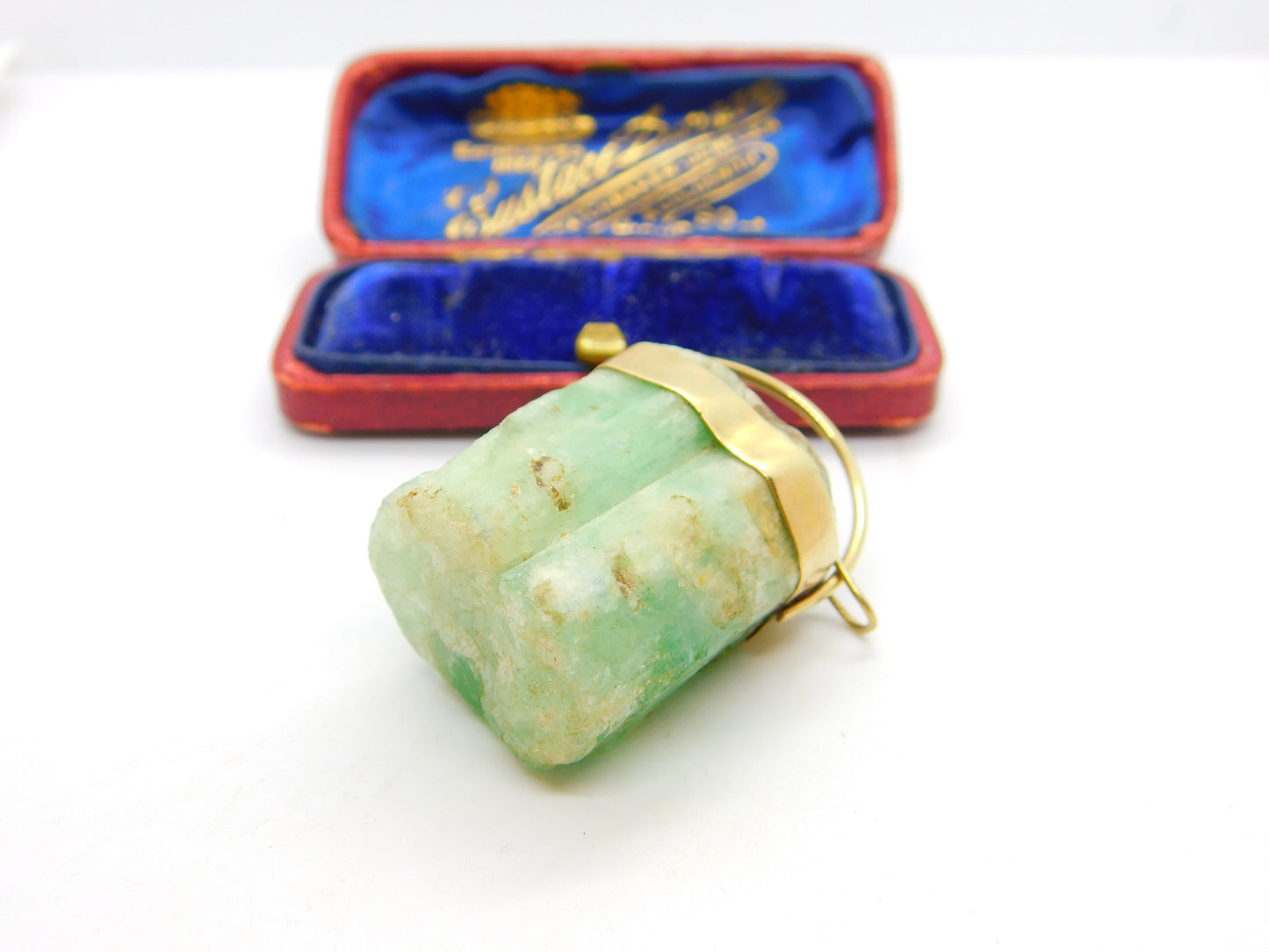 Victorian Large 9ct Yellow Gold Raw Earth Mined Green Emerald Pendant c1850