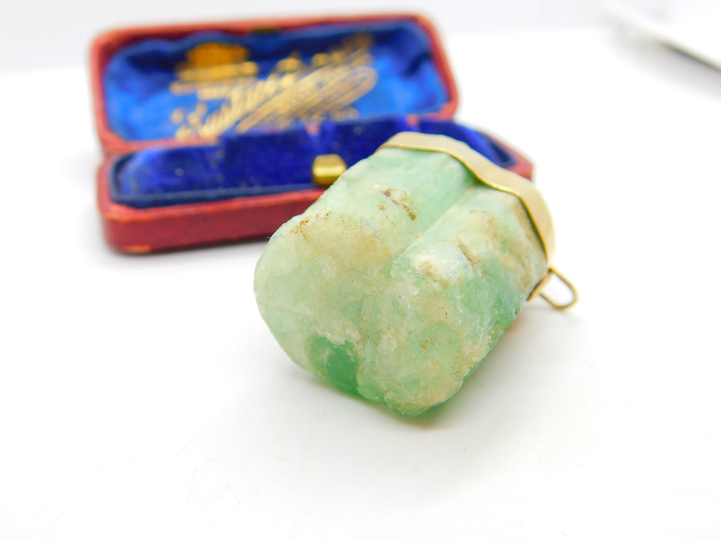 Victorian Large 9ct Yellow Gold Raw Earth Mined Green Emerald Pendant c1850