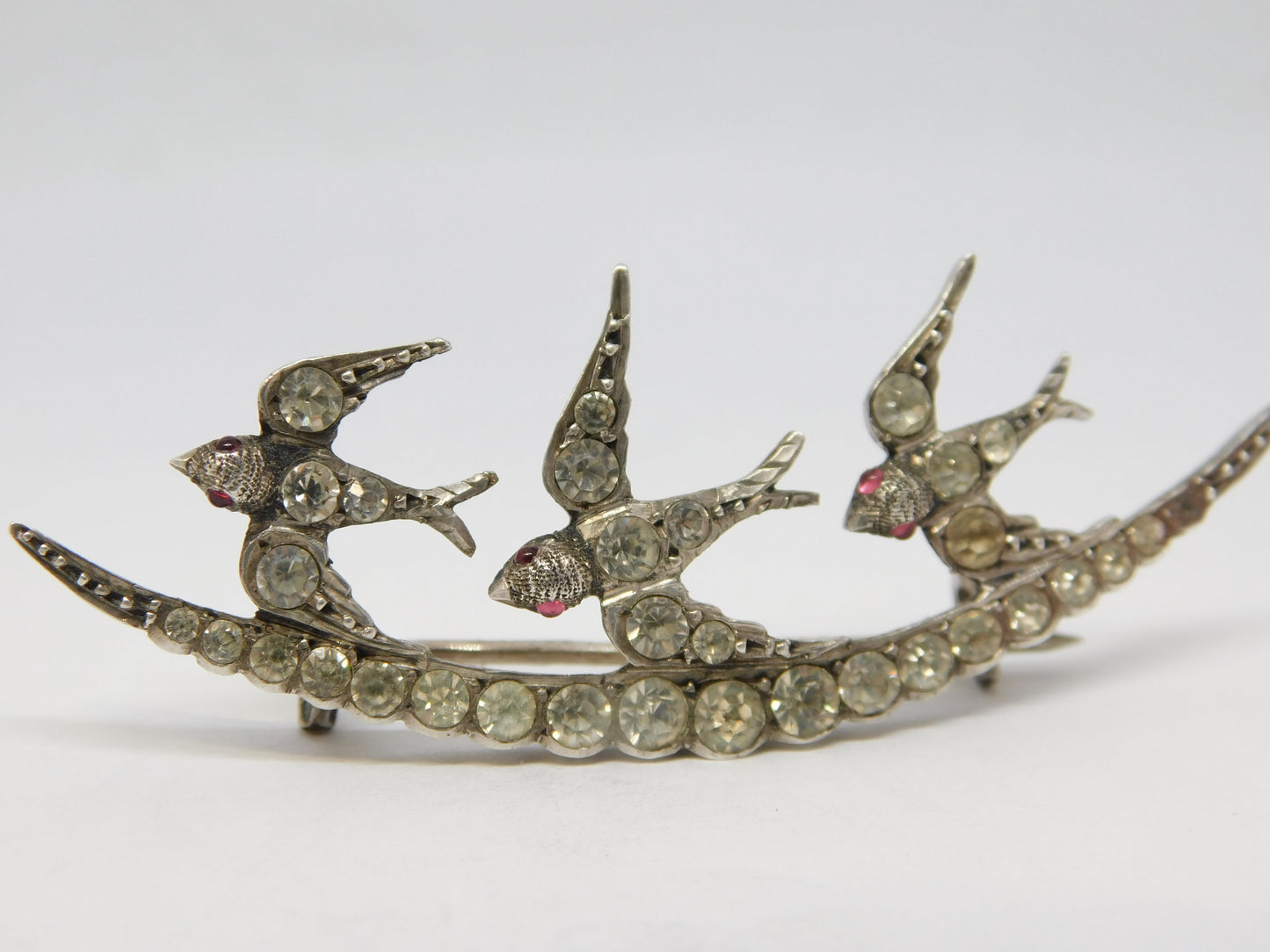 19th Century Sterling Silver Paste Set Three-Birds Sweetheart Brooch Antique c1890