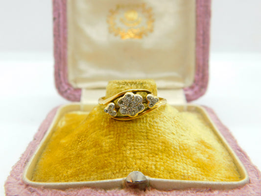 18ct Yellow Gold & Diamond Set Daisy Flower Crossover Ring Antique c1920 Deco